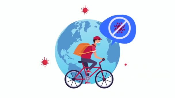 Parar covid19 campanha com o trabalhador de entrega em bicicleta — Vídeo de Stock