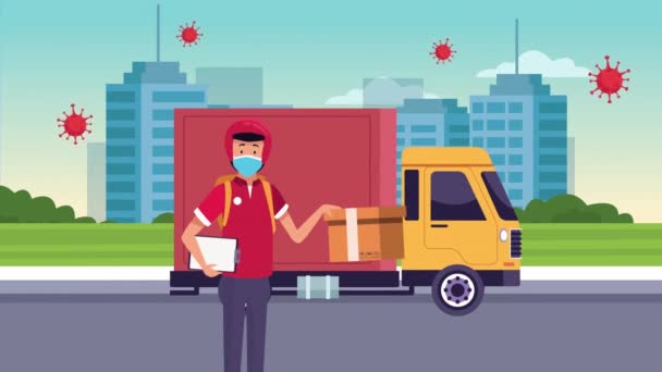 Bezorgdienst koerier in vrachtwagen animatie — Stockvideo