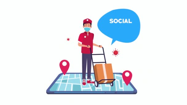 Campanha de distanciamento social com trabalhador de entrega em smartphone — Vídeo de Stock