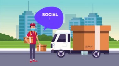 Kamyonda teslimat işçisiyle sosyal mesafe kampanyası