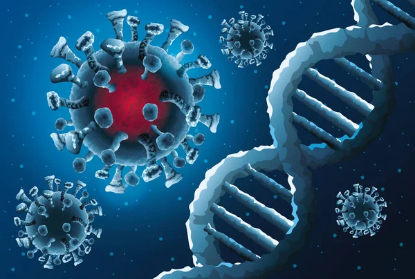 Covid19 patrón de partículas pandémicas y moléculas de ADN — Vector de stock
