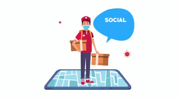 Social distancing campaign with delivery worker in smartphone — Stock Video