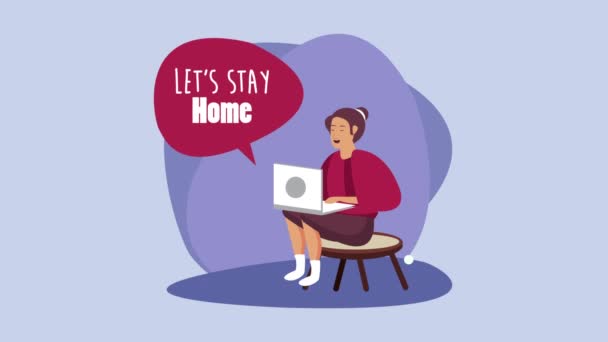 Διαμονή στο σπίτι εκστρατεία με τη γυναίκα που εργάζονται σε φορητό υπολογιστή — Αρχείο Βίντεο