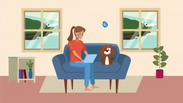 Stanna hemma kampanj med kvinna som använder laptop i soffan — Stockvideo
