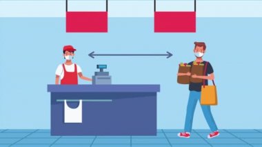 Süpermarket satıcısı ve insan müşterisiyle sosyal uzaklık kampanyası