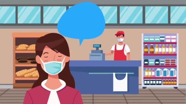 Кампанія соціального дистанціювання з продавцем супермаркетів і жінкою-клієнтом — стокове відео