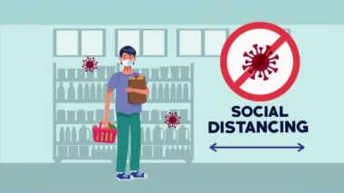 Süpermarket erkek müşterisiyle sosyal uzaklık kampanyası