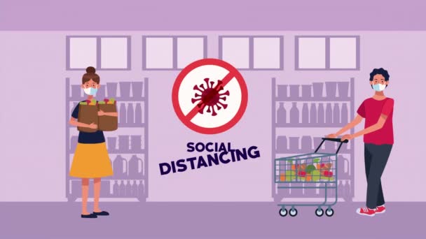 Campanha de distanciamento social com clientes de supermercado — Vídeo de Stock