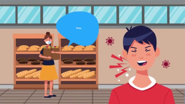 Социальная кампания дистанцирования с супермаркетом женщина клиент и мужчина болен — стоковое видео