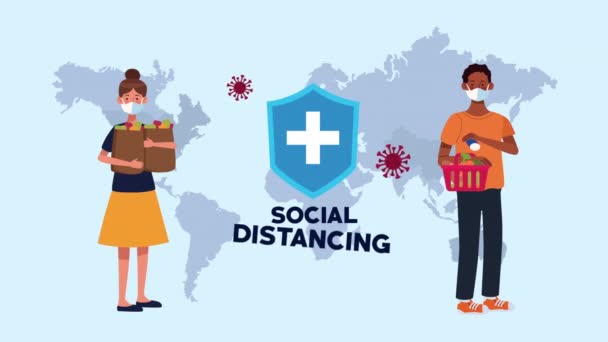 Kampanye jarak sosial dengan pelanggan supermarket dan peta bumi — Stok Video
