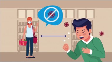 Süpermarketteki kadın ve erkek hastalarla sosyal mesafe kampanyası