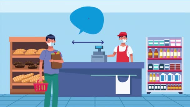 Sociale afstandscampagne met supermarkt verkoper en man klant — Stockvideo