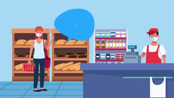 スーパーマーケットのセールスマンと男性の顧客との社会的距離キャンペーン — ストック動画