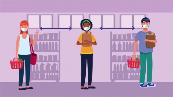 Campaña de distanciamiento social con clientes de supermercados — Vídeo de stock