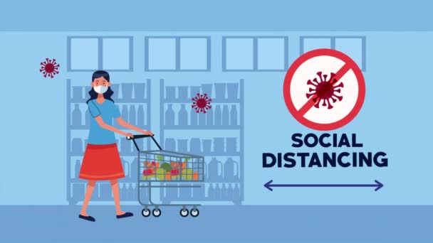 Social distancing campaign with supermarket female customer — Stock Video