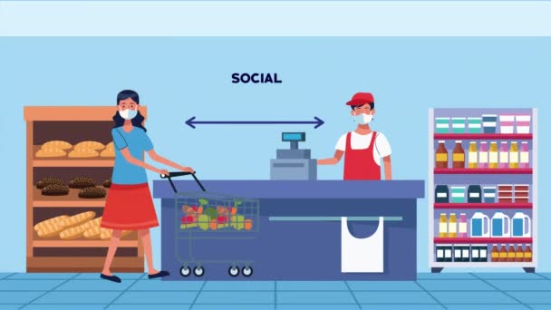 スーパーマーケットのセールスマンや女性の顧客との社会的距離キャンペーン — ストック動画