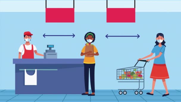 Kampanye jarak sosial dengan pedagang supermarket dan pelanggan — Stok Video