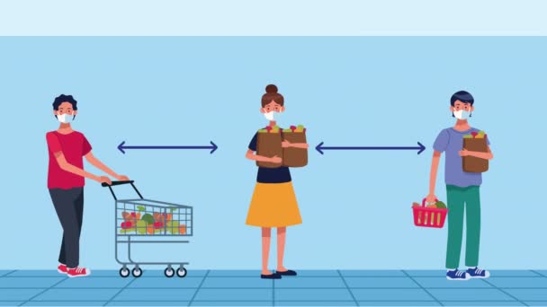 Společenské distancování kampaň se zákazníky supermarketů — Stock video