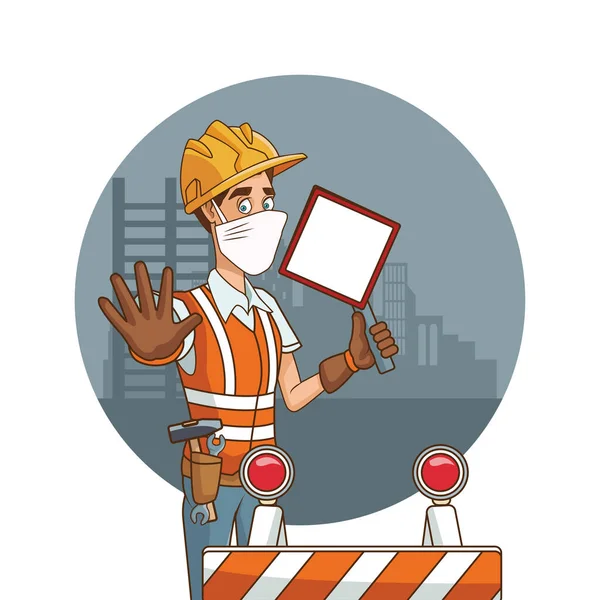 Builder with signal using face mask for covid19 — стоковый вектор