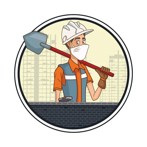 Builder with shovel using face mask for covid19 — Stock Vector
