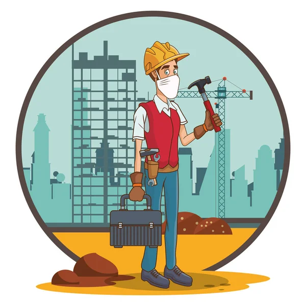 Builder with hammer using face mask for covid19 — Stock Vector