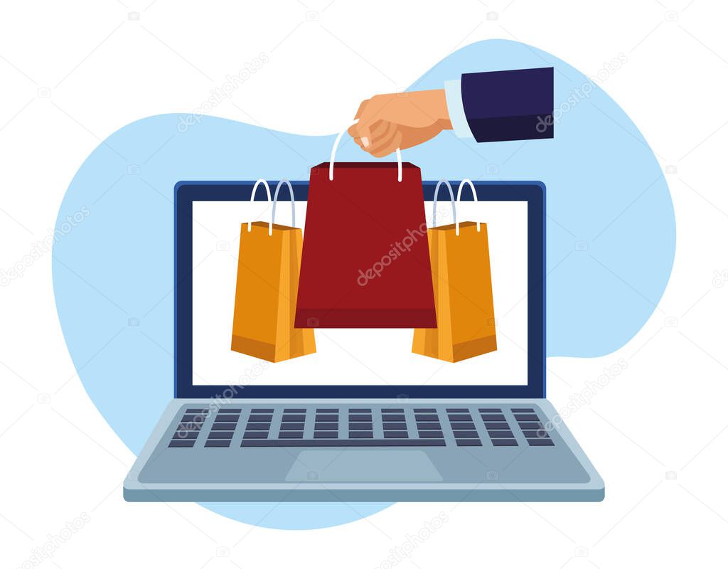 banner shopping online with laptop and shopping bags