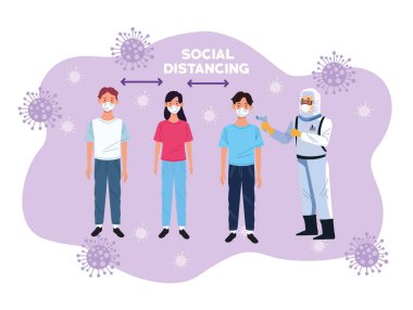 Doktor covid19 ve sosyal mesafe için sıcaklığı kontrol ediyor.