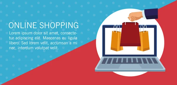 Banner de compras en línea con el ordenador portátil y bolsas de compras — Archivo Imágenes Vectoriales