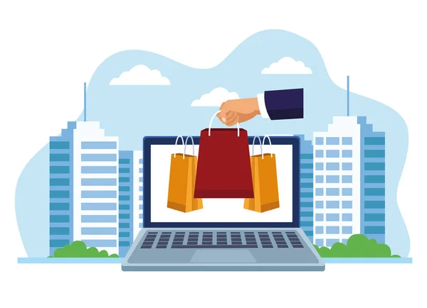 Banner shopping online con laptop e shopping bag — Vettoriale Stock