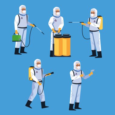 biosafety workers with desinfect equipment for covid19 clipart