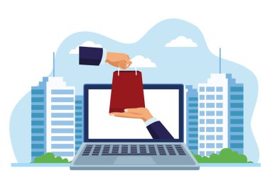 Bilgisayarla ve alışveriş torbalarıyla pankart alışverişi