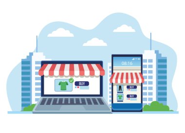 Pankart çevrimiçi bilgisayar ve akıllı telefon ile alışverişi