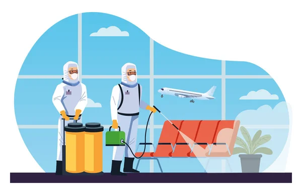 Trabajadores de bioseguridad desinfectan aeropuerto para covid19 — Archivo Imágenes Vectoriales