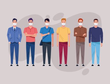 Corona virüsü için yüz maskesi kullanan bir grup adam.