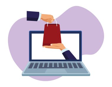Bilgisayarla ve alışveriş torbalarıyla pankart alışverişi