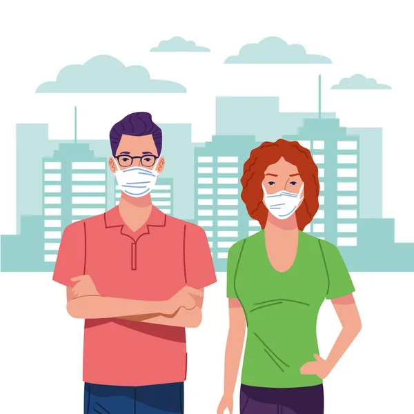 Couple using face mask for corona virus on the city — Stock Vector