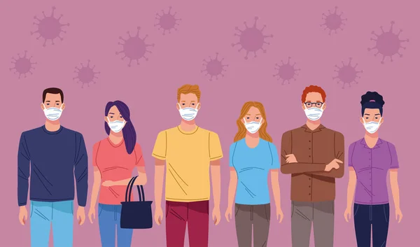コロナウイルスにフェイスマスクを使用する人々のグループは — ストックベクタ