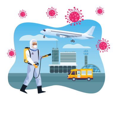 biosafety worker desinfect airport for covid19 clipart