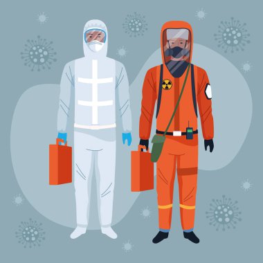 Beyaz ve turuncu koruma virüsü kullanan işçiler karakterlere uyuyor