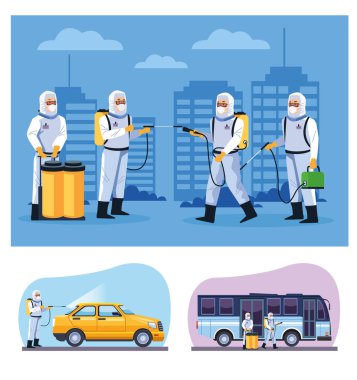 biosafety workers desinfect bus and taxi for covid19 clipart