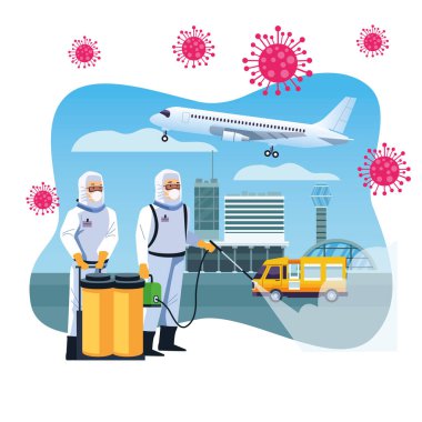biosafety workers desinfect airport for covid19 clipart