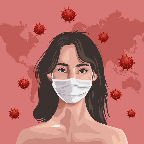 Γυναίκα που χρησιμοποιεί μάσκα σχάσης με χάρτες ηπείρων, covid19 protection — Διανυσματικό Αρχείο