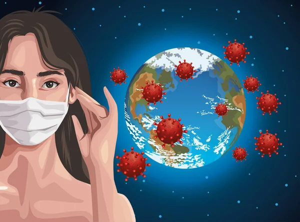 Femme utilisant un masque de fase avec planète terre, protection covid19 — Image vectorielle