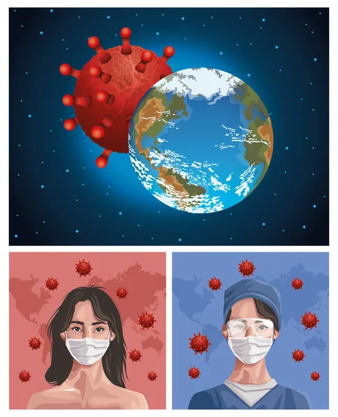 Zdravotní sestra a žena používající fázovou masku se Zemní planetou, covid19 ochrana — Stockový vektor