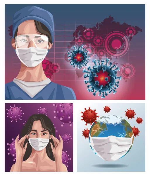 Krankenschwester und Frau mit Fase Maske mit Erde Planet, covid19 Schutz — Stockvektor