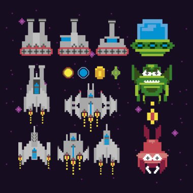 Retro video oyun alanı pikselli set simgeleri