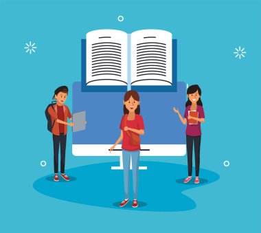 Öğrencileri ve masaüstü bilgisayarlı çevrimiçi eğitim teknolojisi