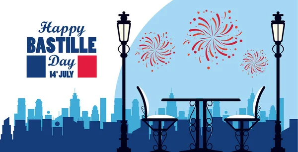 Happy bastille day celebration with restaurant table and chairs — Stock Vector