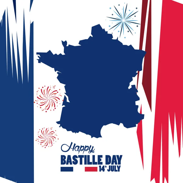 Feliz celebración del día de la bastilla con bandera de Francia y mapa — Vector de stock