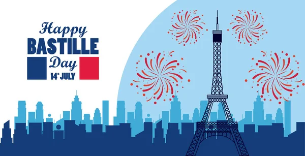 Feliz celebración del día de la bastilla con torre eiffel y fuegos artificiales — Archivo Imágenes Vectoriales